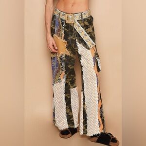 188B. Printed Patchwork Detail Woven Twill Pants - Camo Multi